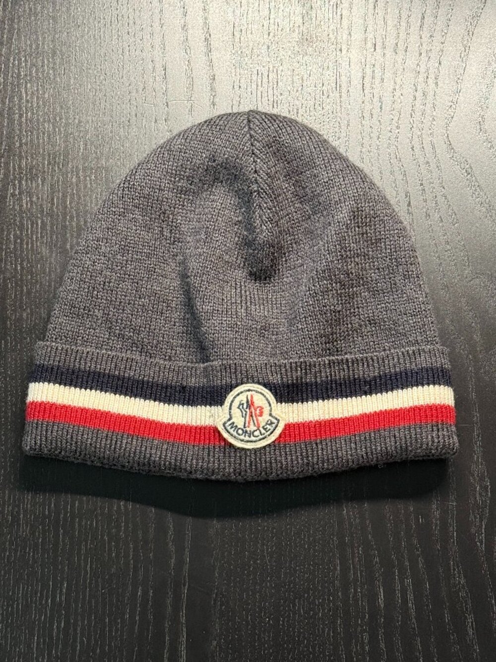 Moncler Gray Wool Tricolor Striped Logo Beanie Hat OS